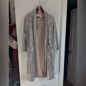 Anthropologie Silver Sequin Open Front Cardigan/robe- NWT